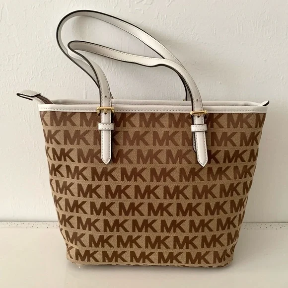 Michael Kors Brown Signature bag Monogram Tote Gold Hardware and White Trim NEW - Picture 4 of 13